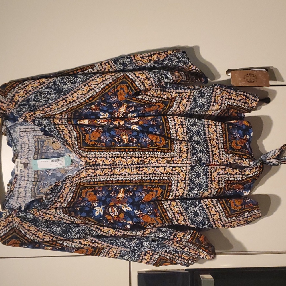 Boho-Print Peasant Tunic Top with Tie Hem - Navy/Gold